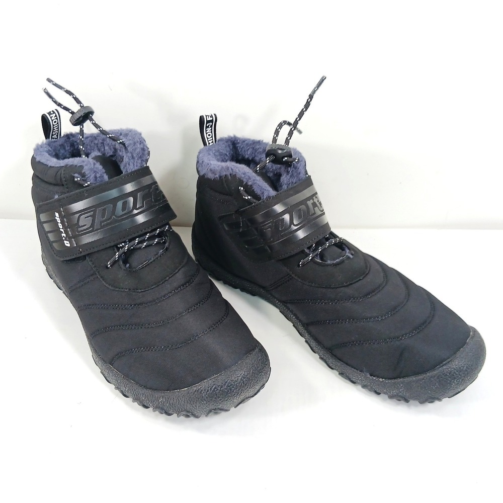 Sport Mens Black Faux Fur Lined Winter Snow Boots Quilted Bungee Strap Size 43
